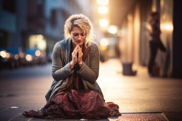 a kneeling female aged 50 praying in the street, appearing homeless