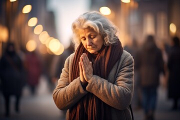 Intimate portrayal of a standing female aged 50 praying in the street