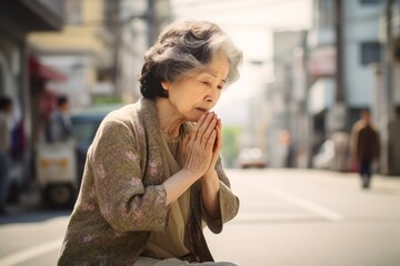 Intimate portrayal of a standing female aged 50 praying in the street