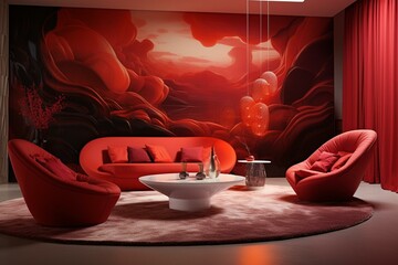 Contemporary lounge in red hues. Generative AI