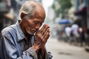 Emotive image of a standing male aged 65 praying in the street