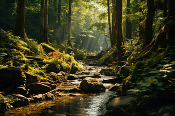Sunlight filtering through a lush forest, highlighting the natural beauty and importance of preserving ecosystems. Generative Ai.