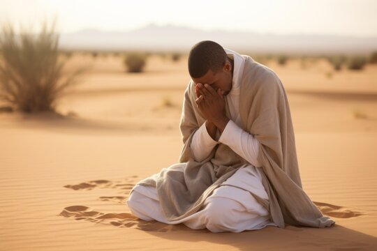 Intimate portrayal of a seated male aged 20 praying in the desert