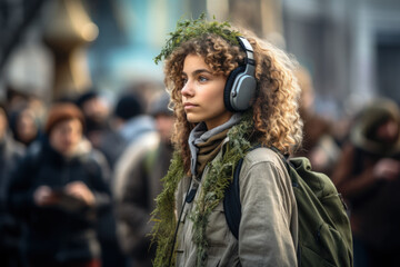 Fototapeta premium A person participating in an eco-conscious protest or rally, advocating for stronger environmental protection and sustainability measures. Generative Ai.
