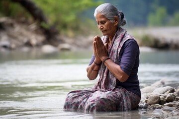Capturing a moment: a standing female aged 50 praying near a river