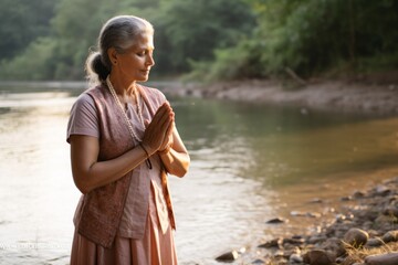 Intimate portrayal of a standing female aged 50 praying near a river
