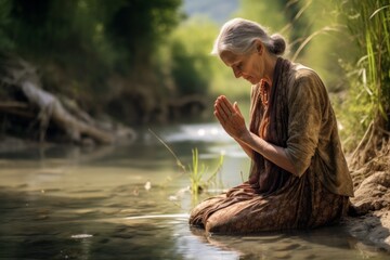 a kneeling female aged 80 praying near a river - obrazy, fototapety, plakaty