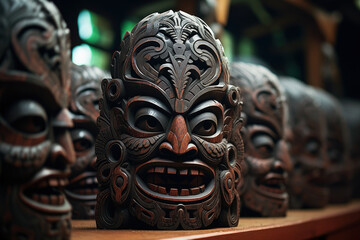 Traditional Maori carvings and artwork in New Zealand, illustrating the cultural identity and heritage of the indigenous Maori people. Generative Ai.