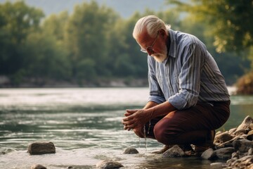Intimate portrayal of a standing male aged 80 praying near a river