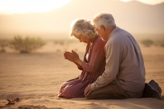 Emotive image of a standing couple aged 65 praying in the desert