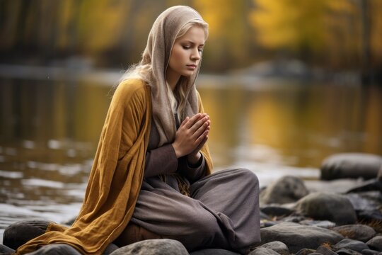 Emotive image of a seated female aged 20 praying near a river