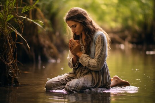 Emotive image of a kneeling female aged 20 praying near a river