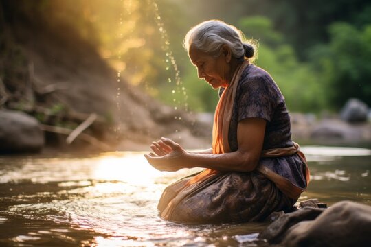 Emotive image of a seated female aged 65 praying near a river