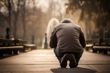 Capturing a moment: a kneeling male aged 50 praying on a bench in a public park