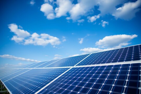 Renewable energy: blue solar panels against a blue sky. Generative AI