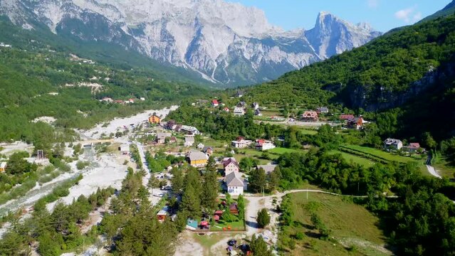 Aerial drone view of the valley of Theth national park, Albania. Albanian Alps