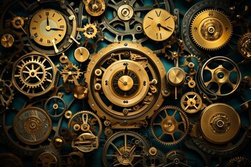 Fototapeta na wymiar Collage of metallic clockwork gears. Generative AI