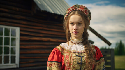 Fototapeta premium Generative AI, beautiful girl, young woman in traditional Slavic dress, Russian sundress, wooden village house, country life, portrait of a Russian girl, big eyes