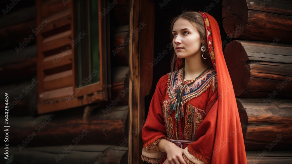 Wall mural Generative AI, beautiful girl, young woman in traditional Slavic dress, Russian sundress, wooden village house, country life, portrait of a Russian girl, big eyes