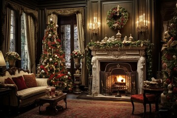 Fototapeta na wymiar Traditional Victorian living room adorned with festive Christmas decorations. Generative AI