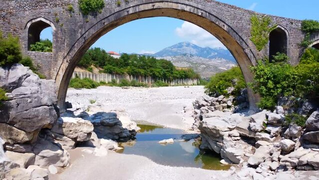 Drone view inside the Old Mes Ottoman Bridge near Shkoder. Albania, Europe. Ura e Kadiut