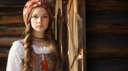 Generative AI, beautiful girl, young woman in traditional Slavic dress, Russian sundress, wooden village house, country life, portrait of a Russian girl, big eyes