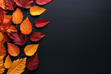 Flat lay style autumn backdrop with scattered fallen leaves in various colors, forming an inviting arrangement with space for text. Generative AI