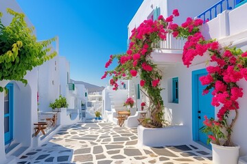 Beautiful Naousa village in picturesque Paros Island, Greece. Generative AI - obrazy, fototapety, plakaty