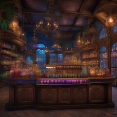 Fototapeta na wymiar A mystical potion shop with colorful, swirling elixirs2