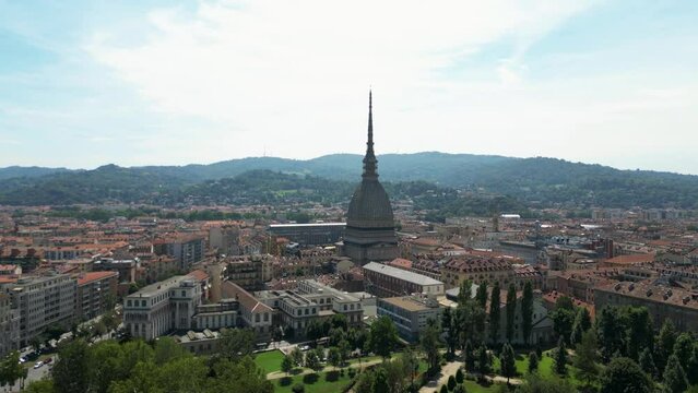 Stunning Oxford aerial footage taken on September of 2023, showcasing Turin city centre with Mole Antonelliana, Piedmont region of Italy