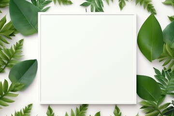 Obraz premium creative layout, green leaves with white square frame, flat lay, for advertising card or invitation.