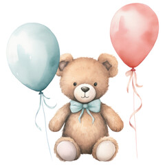 Naklejka premium Watercolor Cute Happy Teddy Bear with Colorful Balloons, Birthday Party, Celebration, Funny Animal Themed, Isolated on Transparent Background. Generative AI