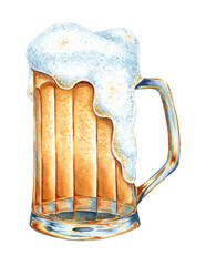 Watercolor illustration of beer with foam in a glass mug. Harvest festival, Oktoberfest beer festival. Composition for posters, postcards, banners, flyers, covers, posters and other printing products. - obrazy, fototapety, plakaty