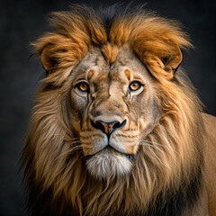 Fototapeta premium Captivating Lion Portrait: Fine Art Photography with High-Contrast Lighting and Shallow Depth of Field