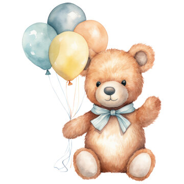 Watercolor Cute Happy Teddy Bear with Colorful Balloons, Birthday Party, Celebration, Funny Animal Themed, Isolated on Transparent Background. Generative AI