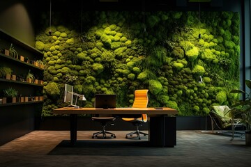 Office space with green walls adorned by lifelike moss and synthetic flora. Generative AI
