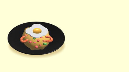 3D Fried egg on black plate. Realistic Illustration Isolated On Yellow Background. Front Perspective View