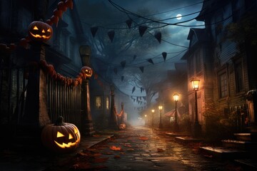 street scene during Autumn Eve celebration: Glowing Pumpkins at Halloween Party - obrazy, fototapety, plakaty