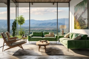 Modern, well-lit living room with a green couch, armchairs, concrete floor, white poster, and panoramic countryside view. Stylish apartment. Generative AI
