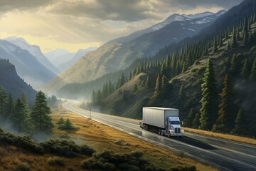 Semi truck hauling refrigerated trailer drives on highway with hills on the sides. Generative AI