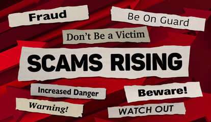 Scams Rising News Headlines Fraud Warning Danger Risk 3d Illustration - obrazy, fototapety, plakaty