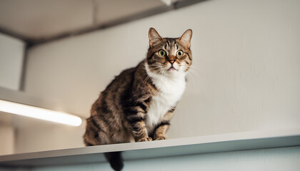 A comical cat perched on a high shelf, looking surprised and puzzled. Ideal for creating funny and relatable cat memes