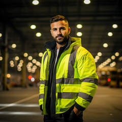 High-End Corporate Fashion: Confident Electrician in Hi-Vis Jacket against Warehouse Backdrop