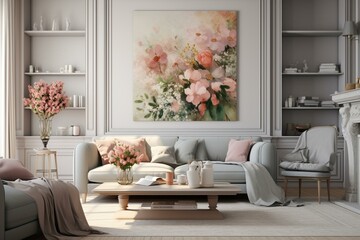 Natural living room featuring a gray sofa and armchair adorned with flowers. Generative AI
