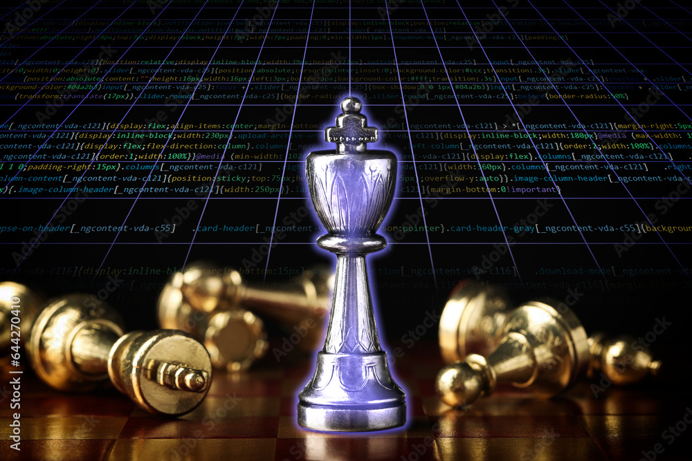 Wall mural chess piece among fallen ones on board against programming code