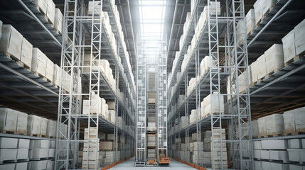 Huge distribution white warehouse with high shelves and loaders.
