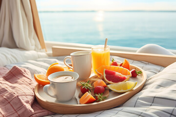 Healthy breakfast with fruit on a luxury yacht or at seaside