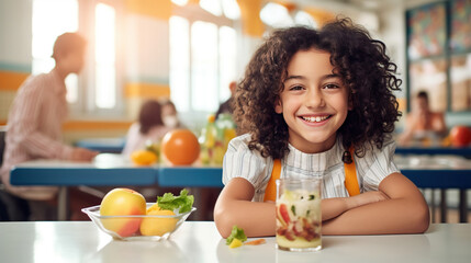 Happy elementary school girl having a healthy lunch and smiling at table in school cafeteria.