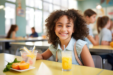 Happy elementary school girl having a healthy lunch and smiling at table in school cafeteria. - obrazy, fototapety, plakaty