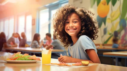 Poster Happy elementary school girl having a healthy lunch and smiling at table in school cafeteria. © arhendrix